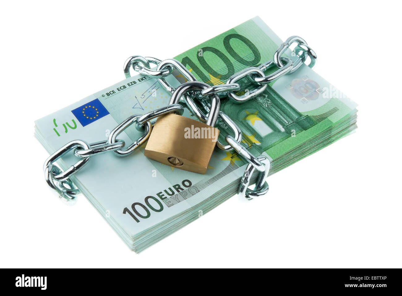 Le banconote in euro con blocco e catena Foto Stock