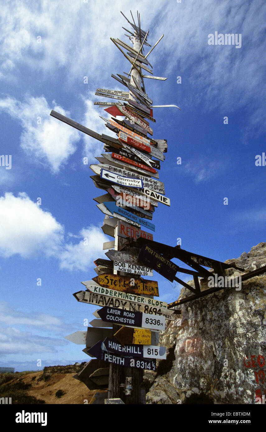 Cartelli in pole, Isole Falkland Port Stanley Foto Stock