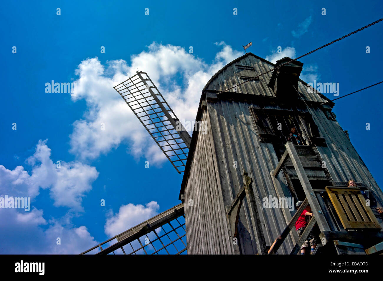 Post mill contro il cielo blu, Germania, Bassa Sassonia, Cloppenburg Foto Stock