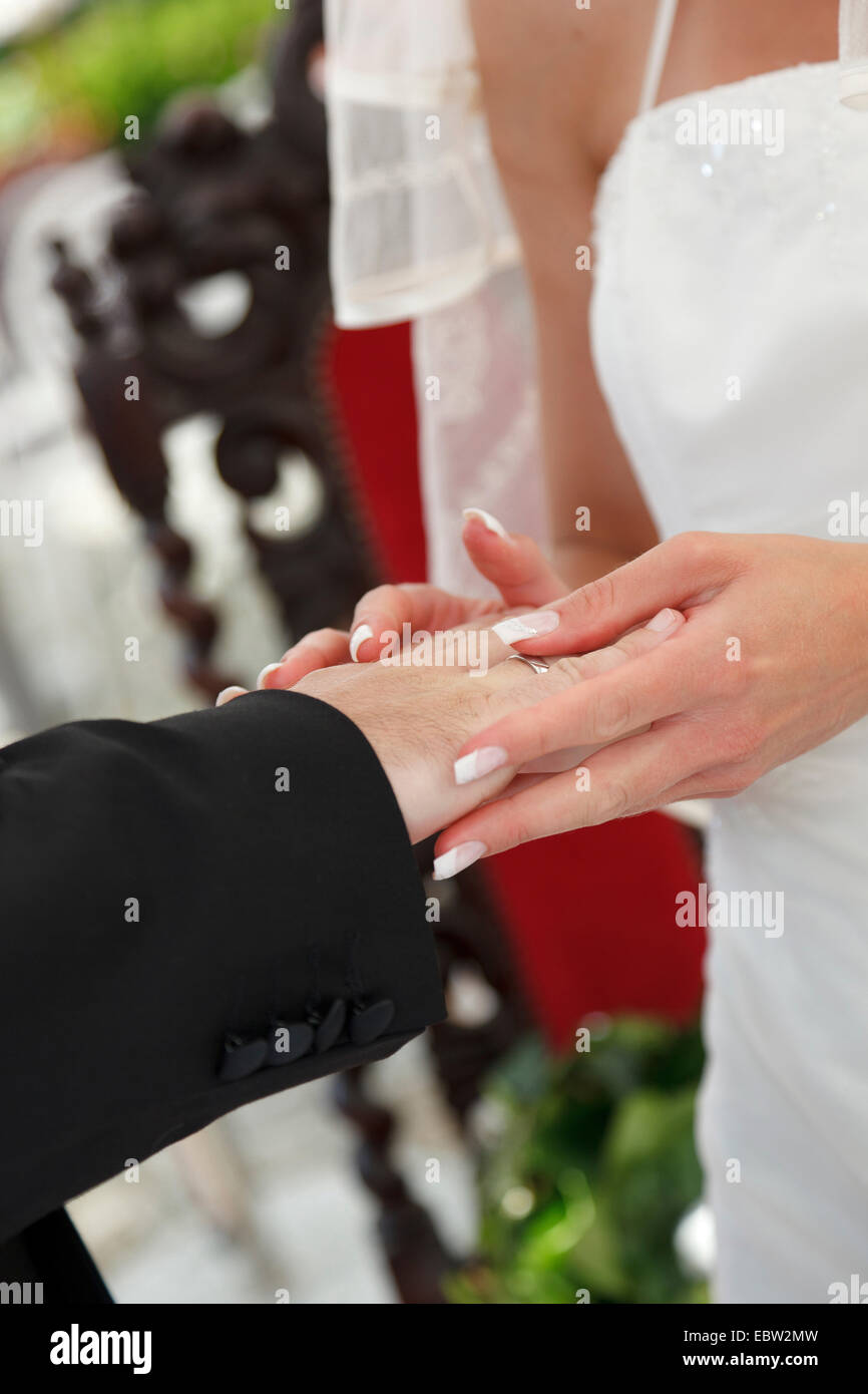 Sposa di mettere l'anello di matrimonio su bridegoom del dito Foto Stock