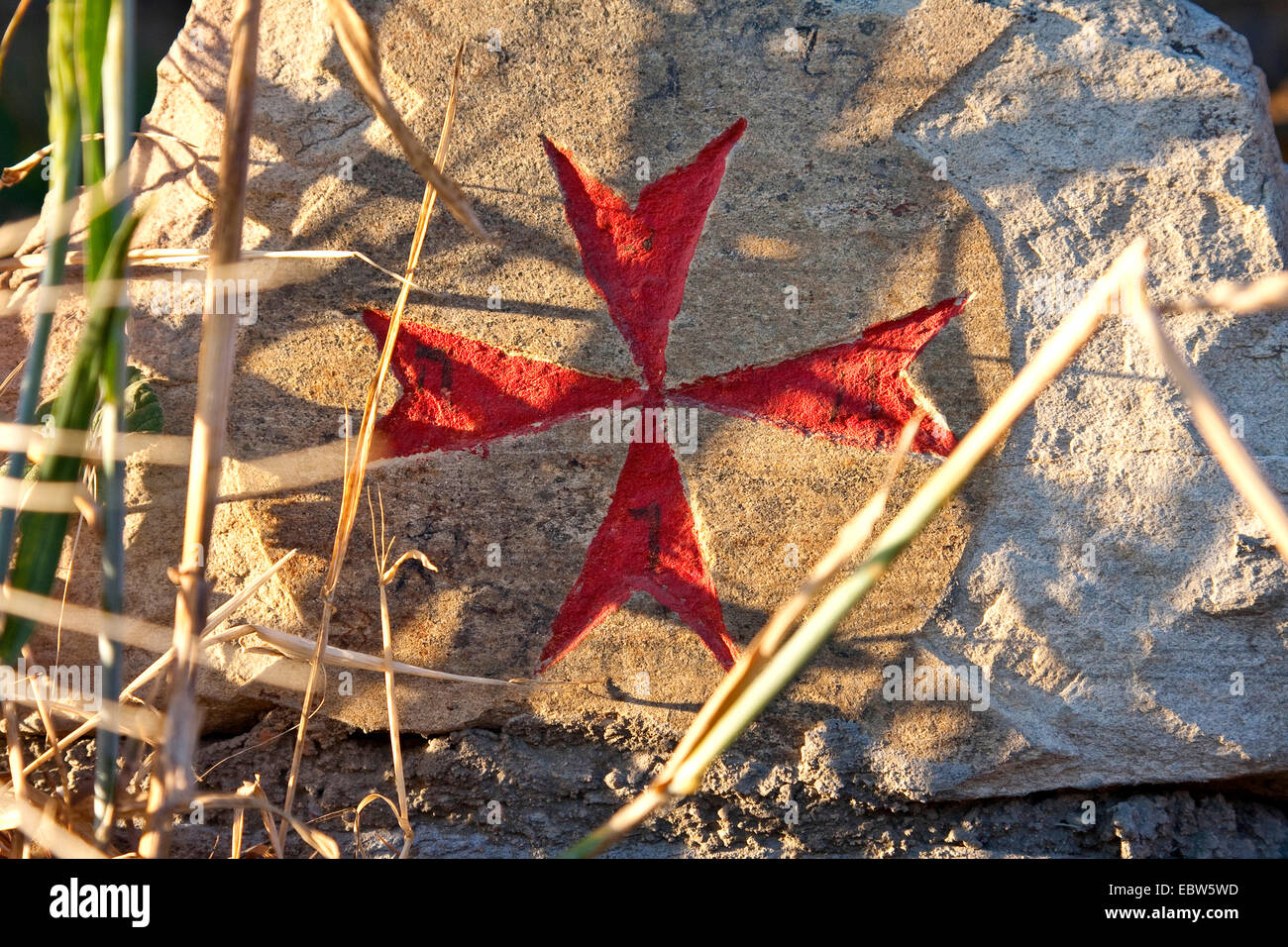 Red Cavaliere Templare croce su una pietra, Spagna, Leon, Kastilien, Manjari¡n Foto Stock