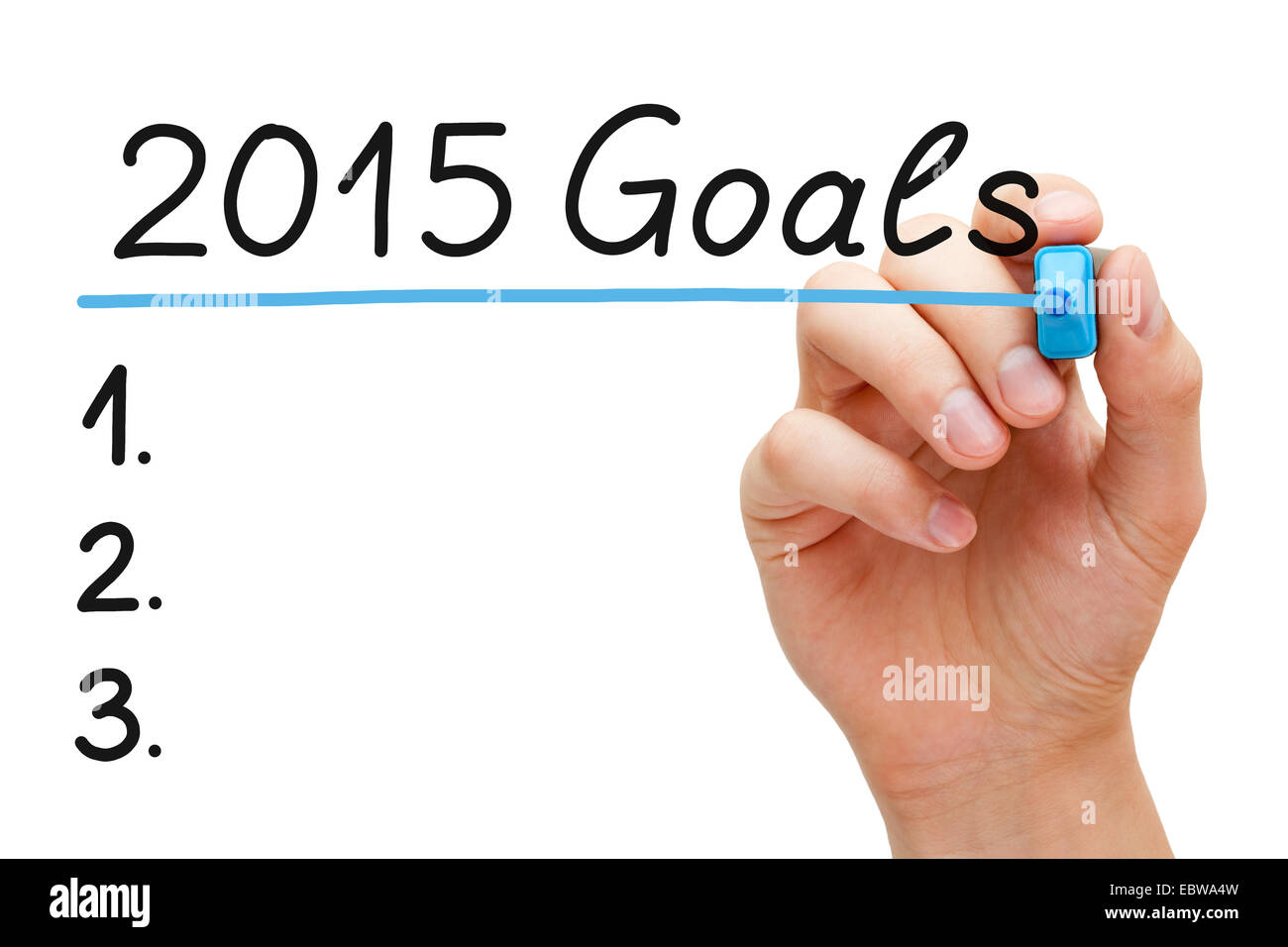 Mano sottolineando 2015 Obiettivi con marcatore blu isolato su bianco. Foto Stock