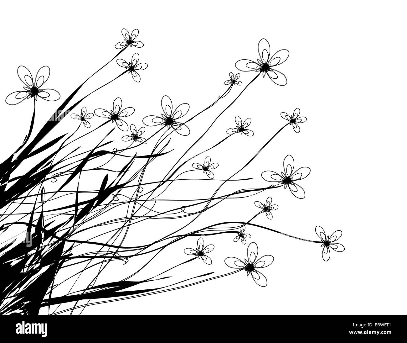 Il bianco e il nero illustrazione della coltivazione di fiori selvatici e patch di erba mossi dal vento Foto Stock