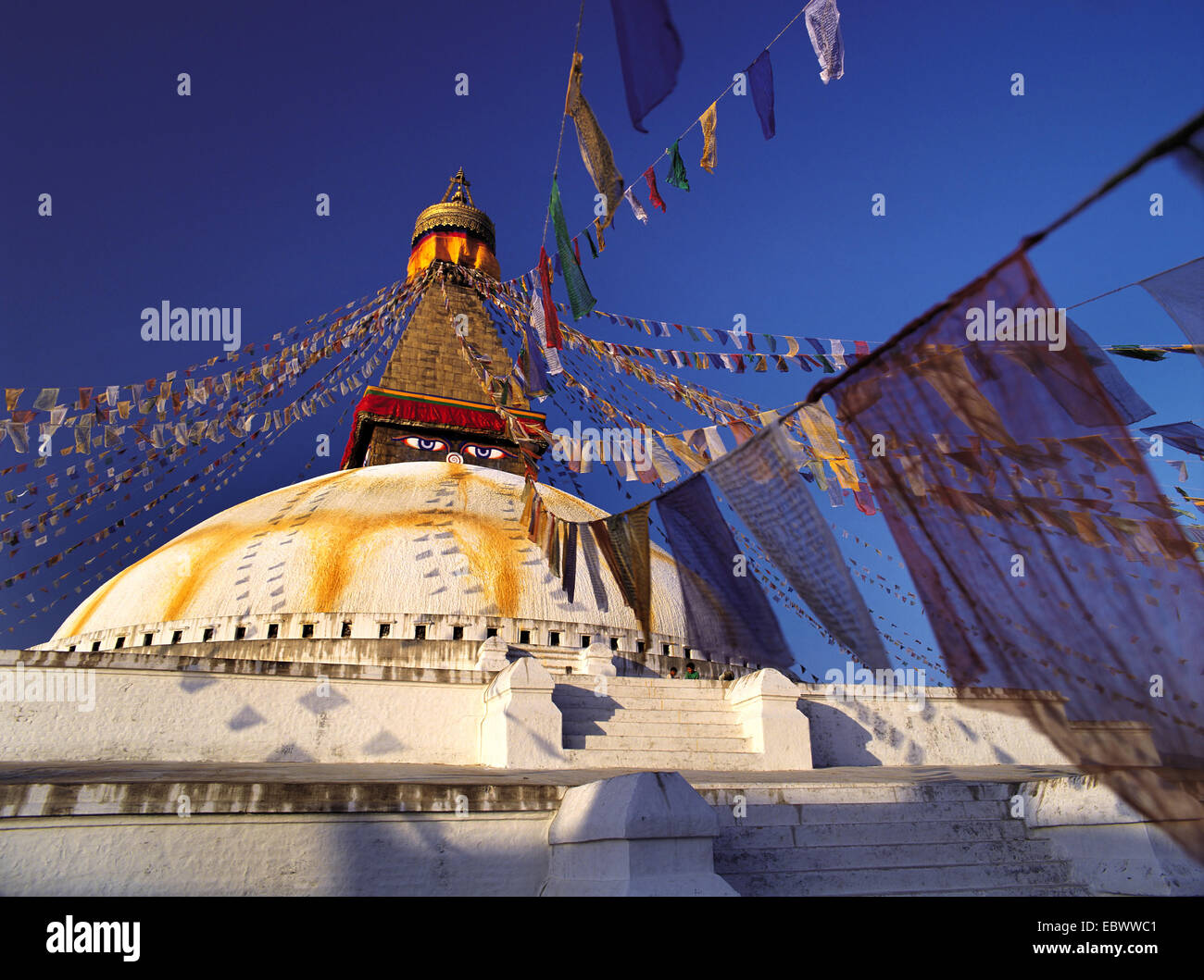 Il grande Stupa nel quartiere tibetano a Boddnath o Bauda nella valle Kathandu, Nepal, Kathmandu, Boddnath Foto Stock