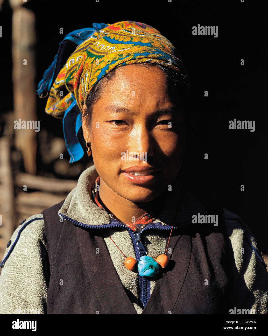 Ritratto di pretty Bhotia ragazza con velo, Nepal, Mustang, Chhinga Foto Stock