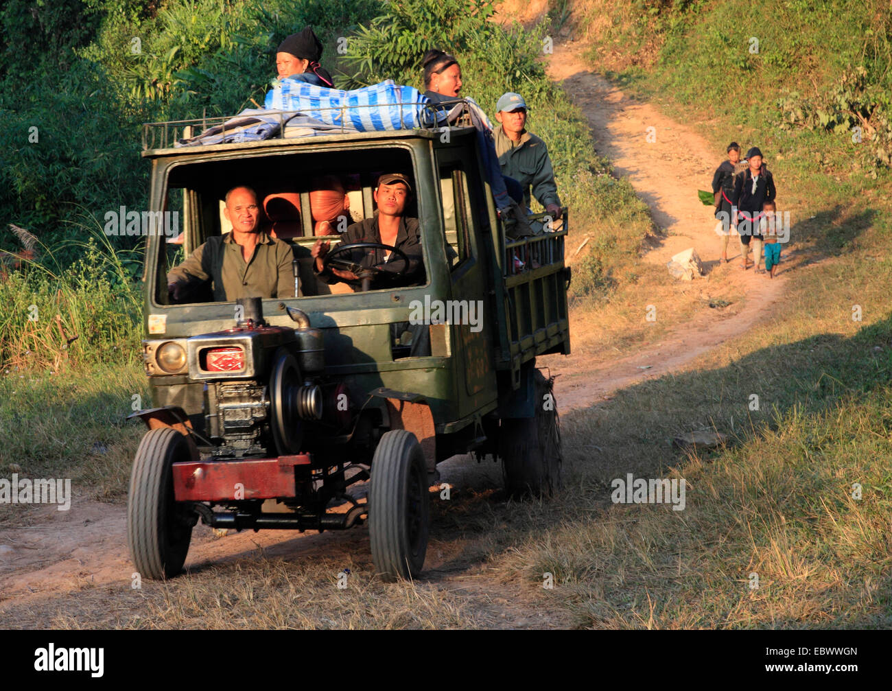 Lavoratore agricolo interessato in un carrello, Laos Luang Namtha, Ban Nam Foto Stock