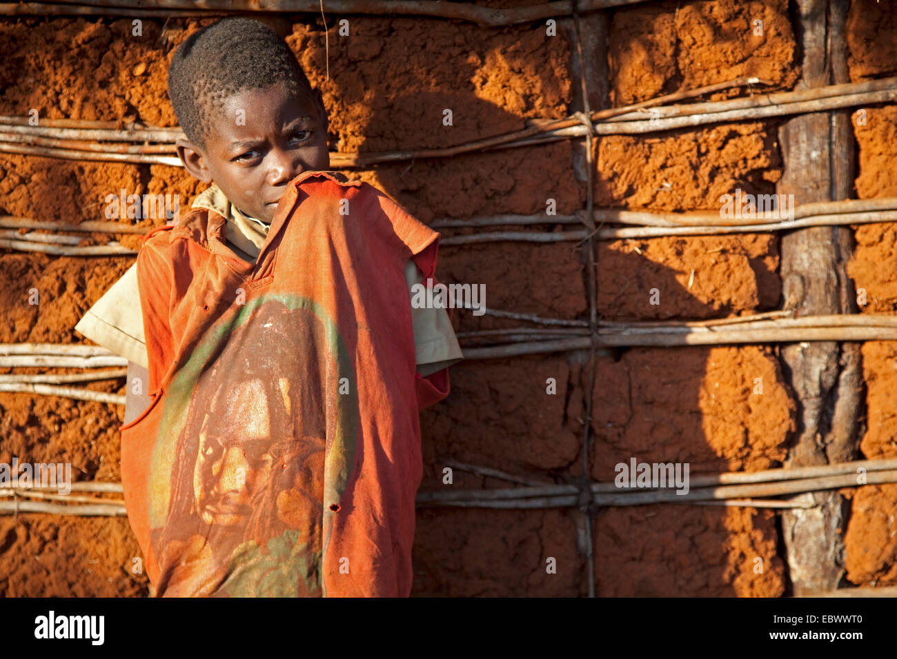 Ragazzo accanto a un umile casa di fango parete indossando un usurata T-shirt con il simbolo ritratto del movimento Rastafari su di esso, Burundi, vicino al Parco Nazionale de la Ruvubu, Cankuzo Foto Stock