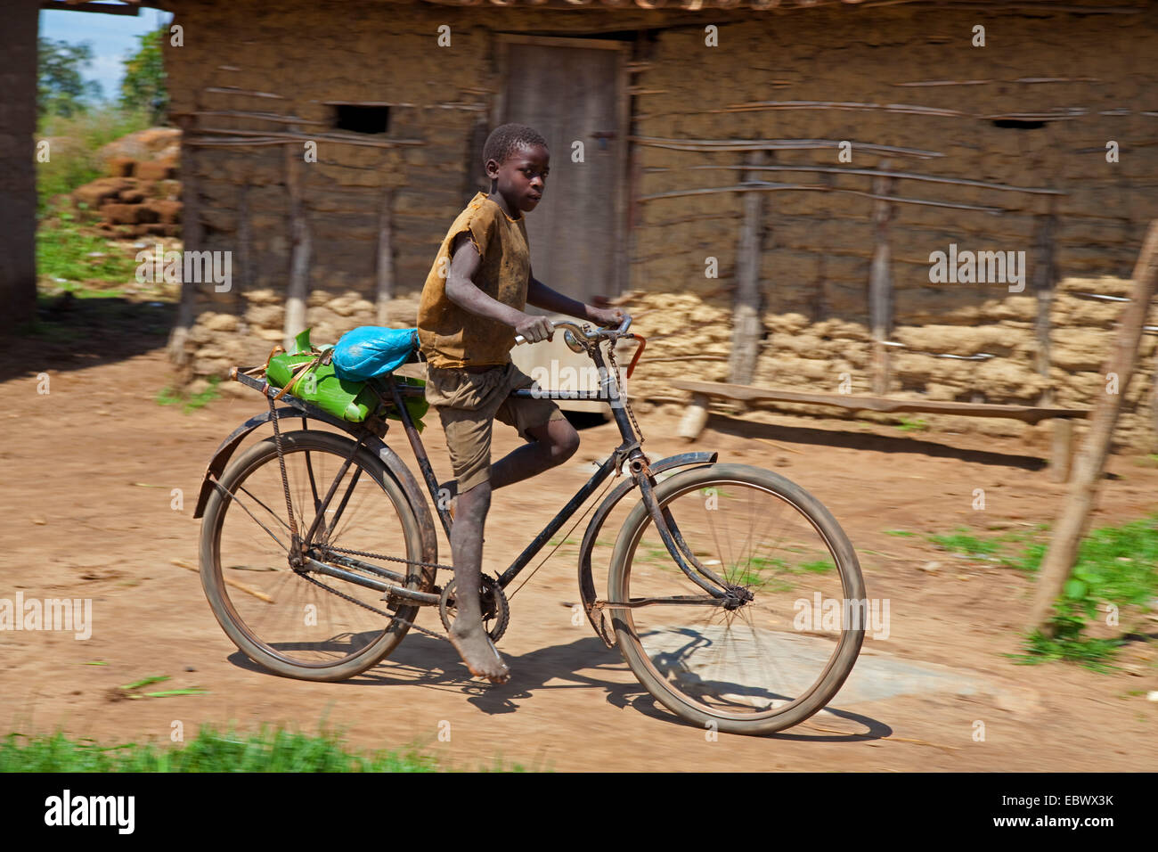 Little Boy in sella ad una bicicletta per adulti su una strada polverosa lungo fango umili case di mattoni, Burundi, Cankuzo, Nazionale Parc de la Ruvubu, Cankuzo Foto Stock