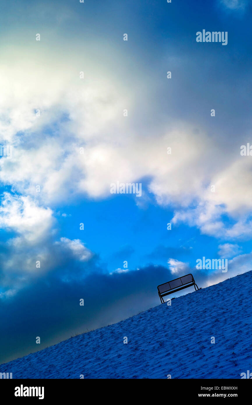 Panca sulla sommità di una coperta di neve del mare del Nord dyke, Germania, Bassa Sassonia, Landkreis Cuxhaven, Dorum-Neufeld Foto Stock