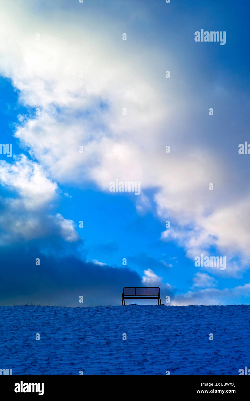 Panca sulla sommità di una coperta di neve del mare del Nord dyke, Germania, Bassa Sassonia, Landkreis Cuxhaven, Dorum-Neufeld Foto Stock