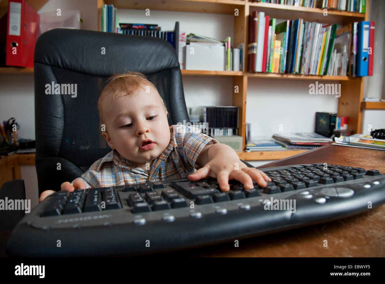 Poco, dieci mesi old boy in una sedia girevole in un ufficio Foto Stock