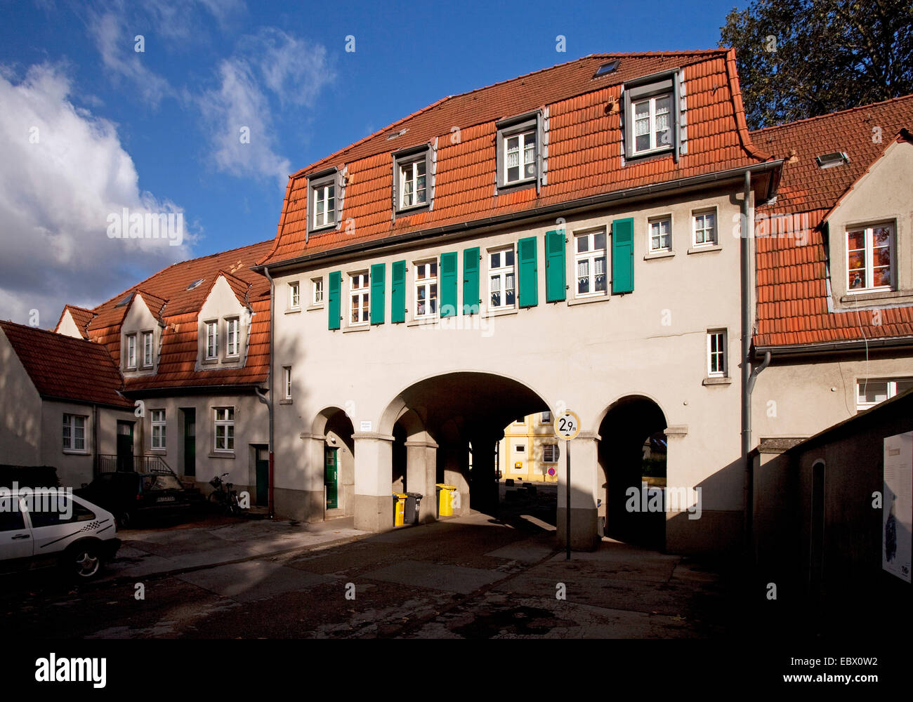 Casa di gate, Torhaus, di ex minatore del distretto di Schuengelberg, in Germania, in Renania settentrionale-Vestfalia, la zona della Ruhr, Gelsenkirchen Foto Stock