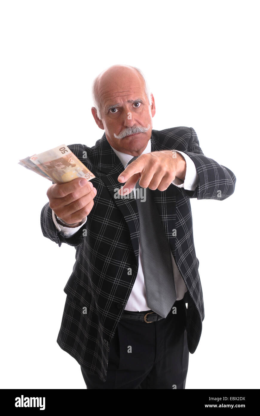 Titolare di pensione o di rendita infelice con banconote in mano Foto Stock