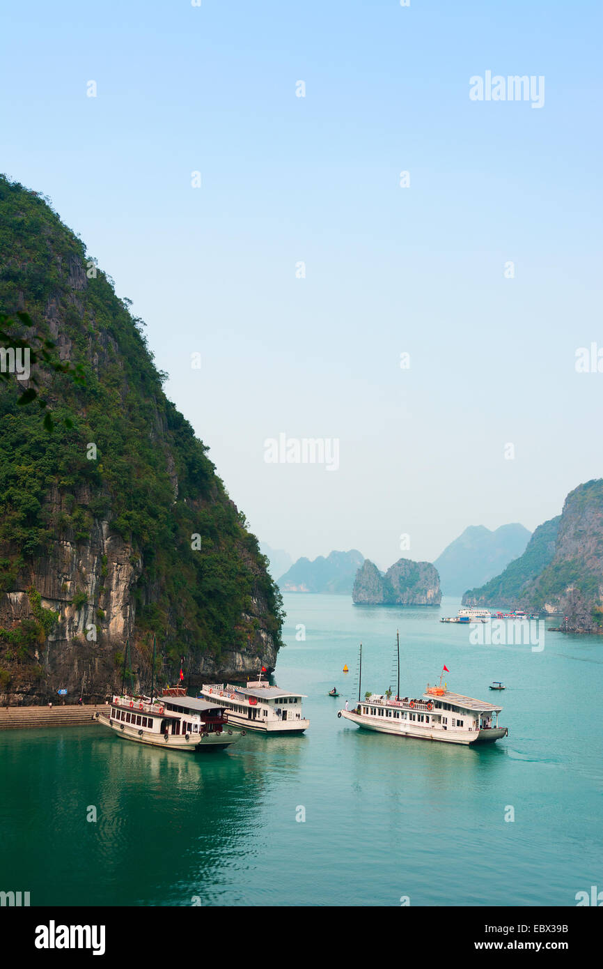 Veiw della baia di Halong Vietnam patrimonio UNESCO con le imbarcazioni turistiche. Foto Stock