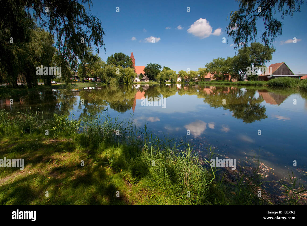 Vista sul lago presso la piccola cittadina vicino a Angermuende, Germania, Brandeburgo, Vogtlaendische Schweiz, Greiffenberg Foto Stock