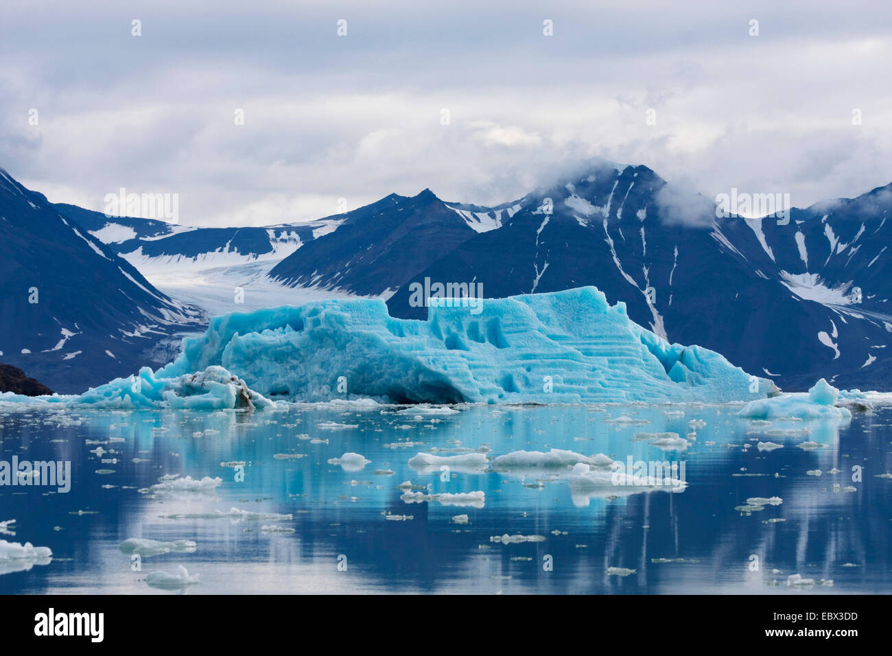 Grandi azur iceberg, Norvegia Isole Svalbard, Kongsfjorden, Nordenskioeldfjellet Foto Stock