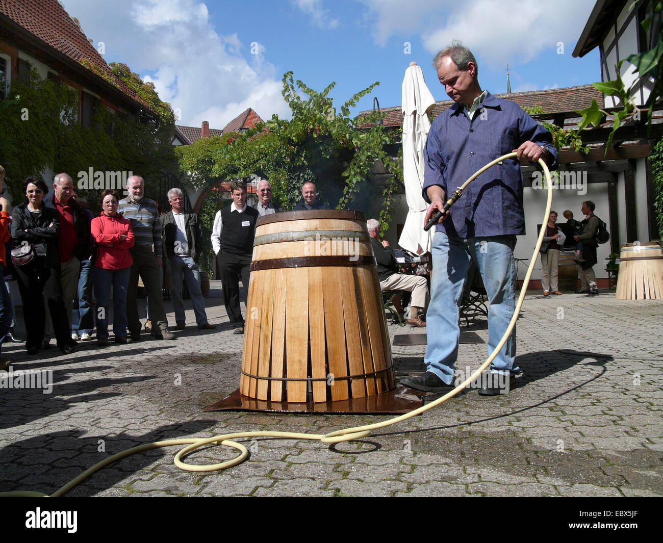 Realizzazione di una quercia botte di vino, in Germania, in Renania Palatinato, Siebeldingen Foto Stock