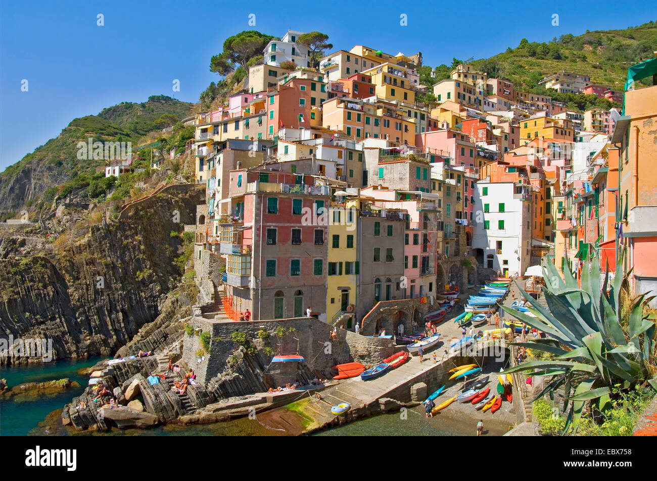 Borgo di Riomaggiore in Liguria, Italia, Liguria, Riomaggiore Foto Stock