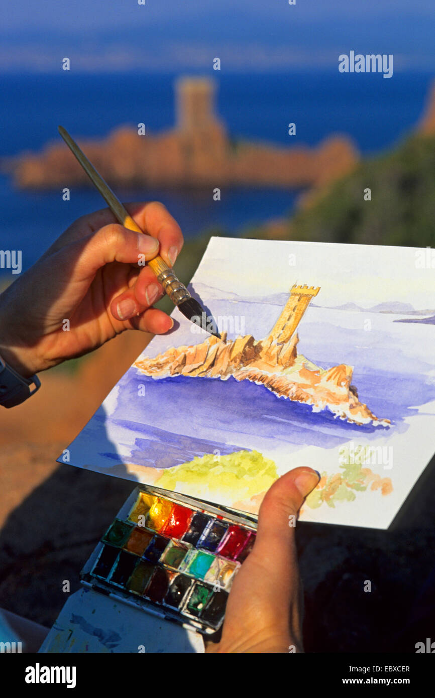 Pittore pittura castello di Ile d'o vicino a Saint Raphael, Francia Provenza Foto Stock
