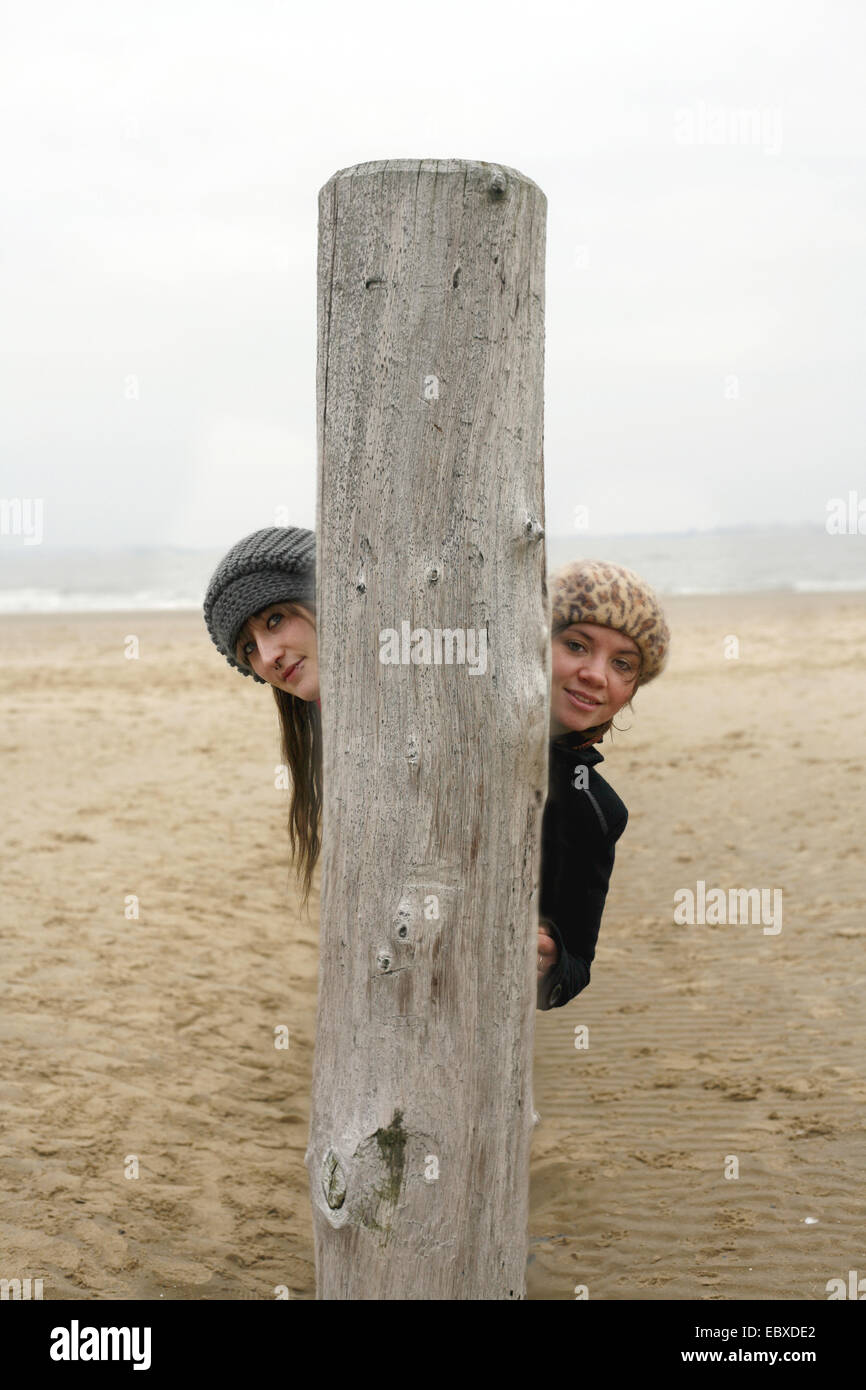 Due giovani donne di nascondersi dietro a palo di legno di groyne, Paesi Bassi Zeeland, Breskens, Sluis Foto Stock