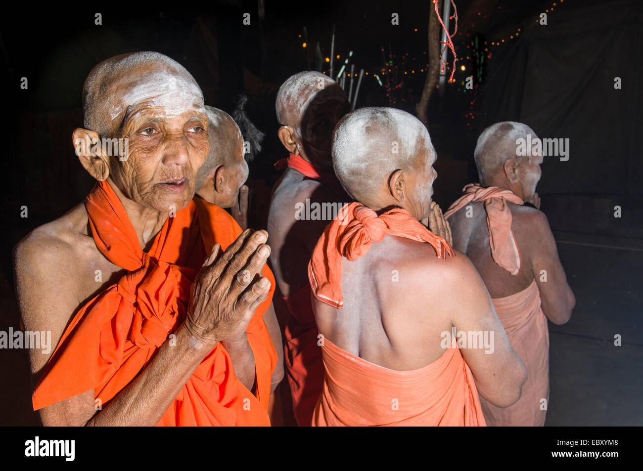 Gruppo di recente avviato Shiva sadhvis donne sante, da Avan Akhara, pregando di notte al Sangam, alla confluenza del Foto Stock