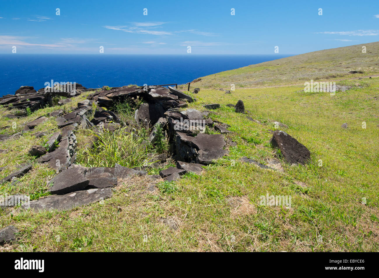 Isola di Pasqua aka Rapa Nui, Orongo, Rapa Nui NP, UNESCO. Ruderi di pietra del villaggio cerimoniale di Orongo. Foto Stock