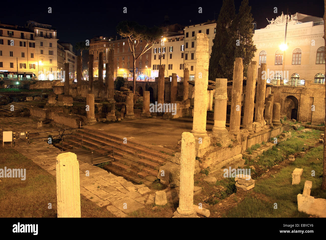 Area Sacra Romana rovine antiche in Largo di Torre Argentina square di notte, Roma, Italia Foto Stock