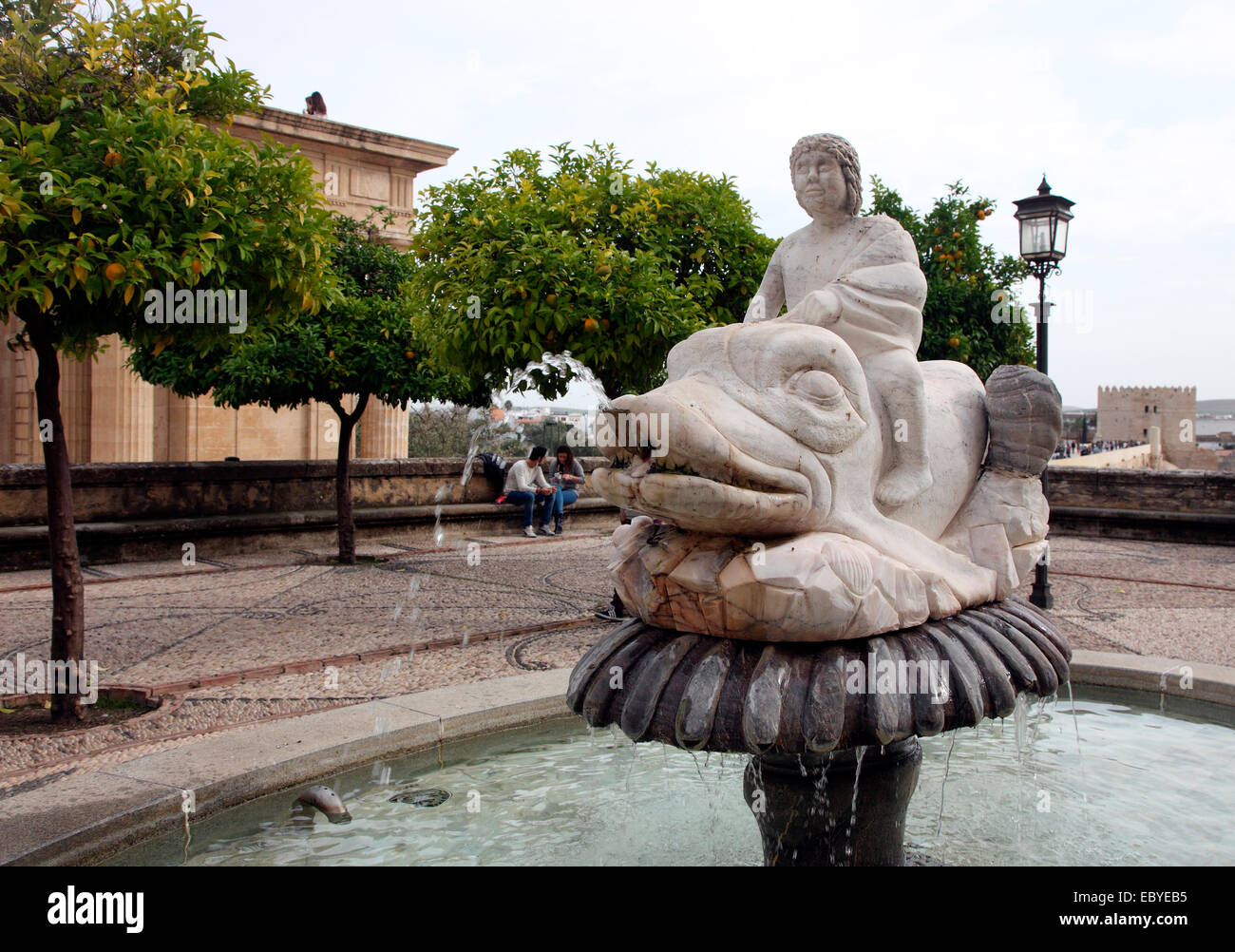 Ragazzo su una fontana dei Delfini a Cordoba. Foto Stock