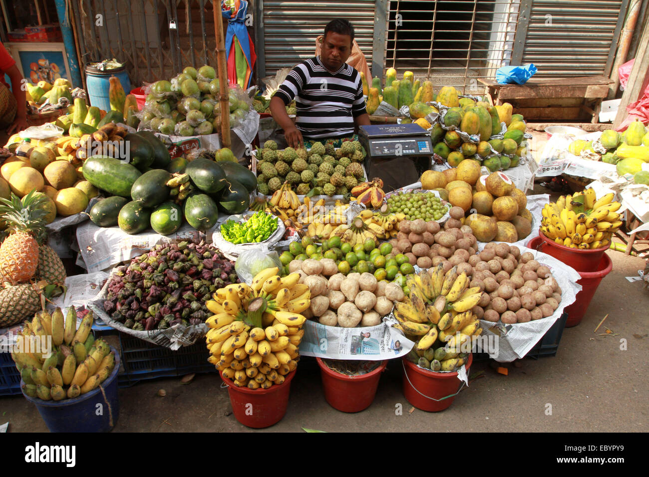 Dacca 05 dicembre 2014. Fornitore di frutta a Chwak Bazar nella vecchia Dhaka, la città capitale del Bangladesh. Foto Stock