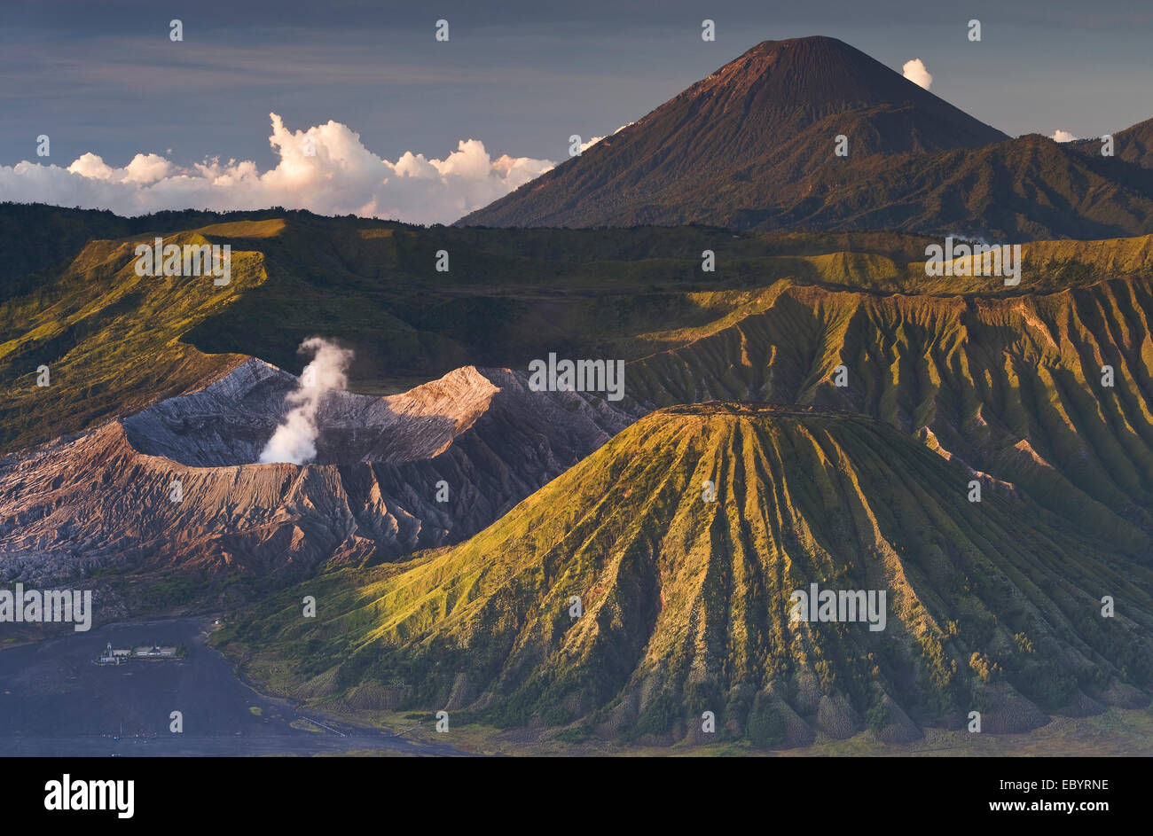 Alba sul fumo Monte vulcano Bromo, Bromo-Tengger-Semeru National Park, Java, Indonesia, Asia Foto Stock