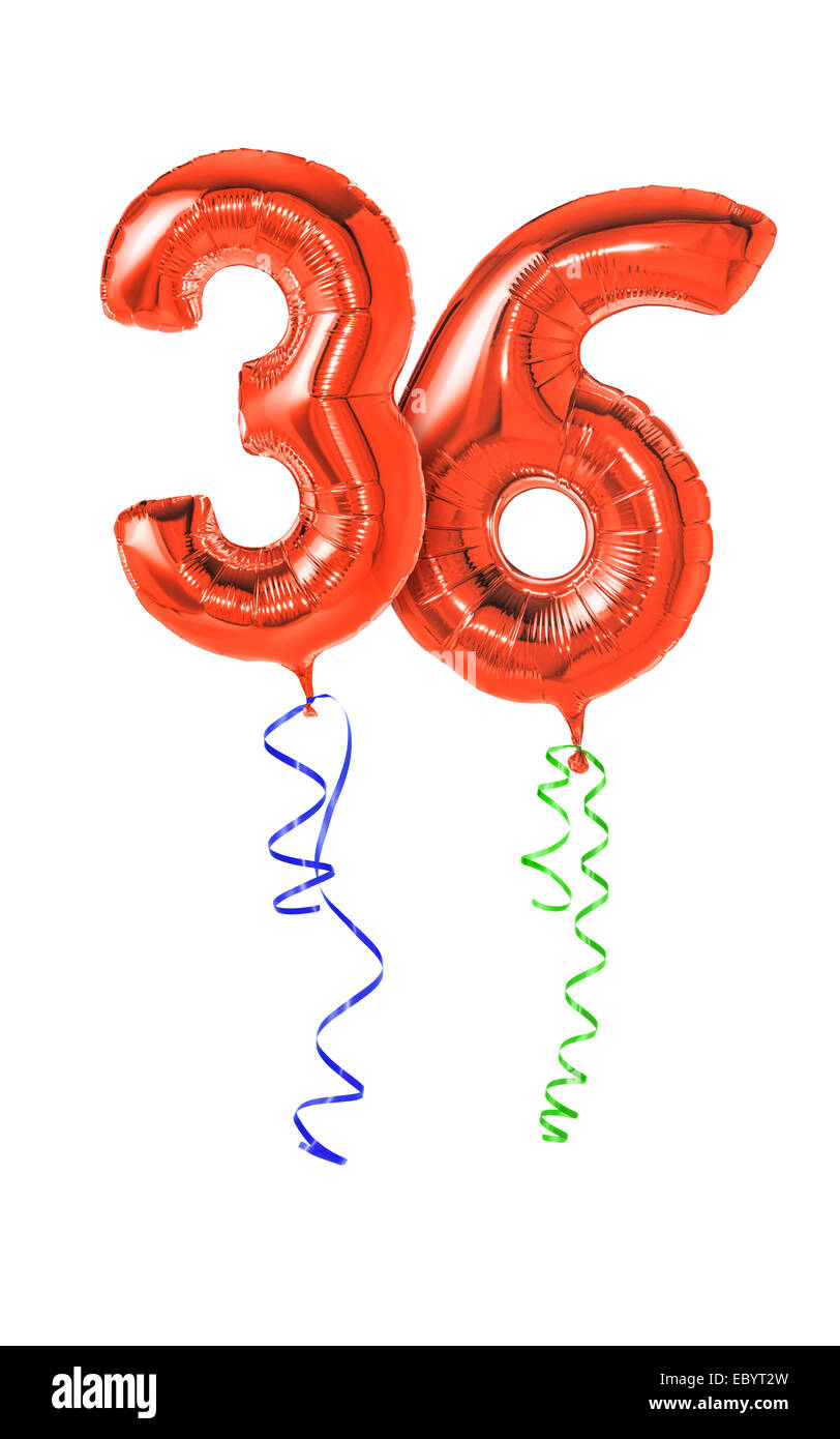 Palloncini rossi con nastro - Numero 36 Foto Stock