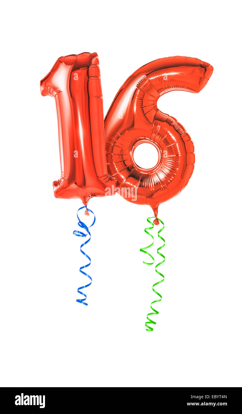Palloncini rossi con nastro - Numero 16 Foto Stock Palloncini rossi con nastro - Numero 16 Foto Stock