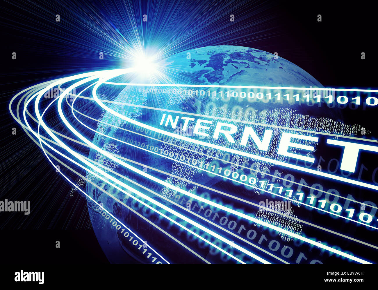 Messa a terra, continenti, fasci di luce, cifre e word internet su sfondo scuro Foto Stock