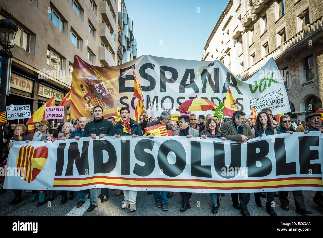 6 dicembre 2014 - i dimostranti holding placards marzo dietro di loro banner per l'unità indissolubile della nazione spagnola e contro un ipotetico indipendenza della Catalogna sulla costituzione spagnola giorno © Matthias Oesterle/ZUMA filo/ZUMAPRESS.com/Alamy Live News Foto Stock