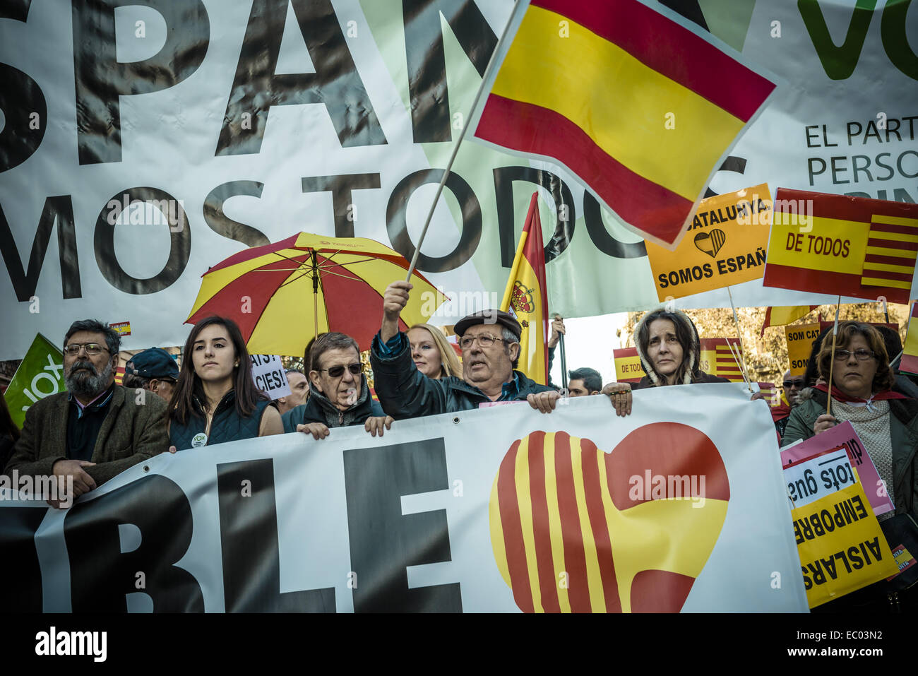 6 dicembre 2014 - i dimostranti holding placards marzo dietro di loro banner per l'unità indissolubile della nazione spagnola e contro un ipotetico indipendenza della Catalogna sulla costituzione spagnola giorno © Matthias Oesterle/ZUMA filo/ZUMAPRESS.com/Alamy Live News Foto Stock