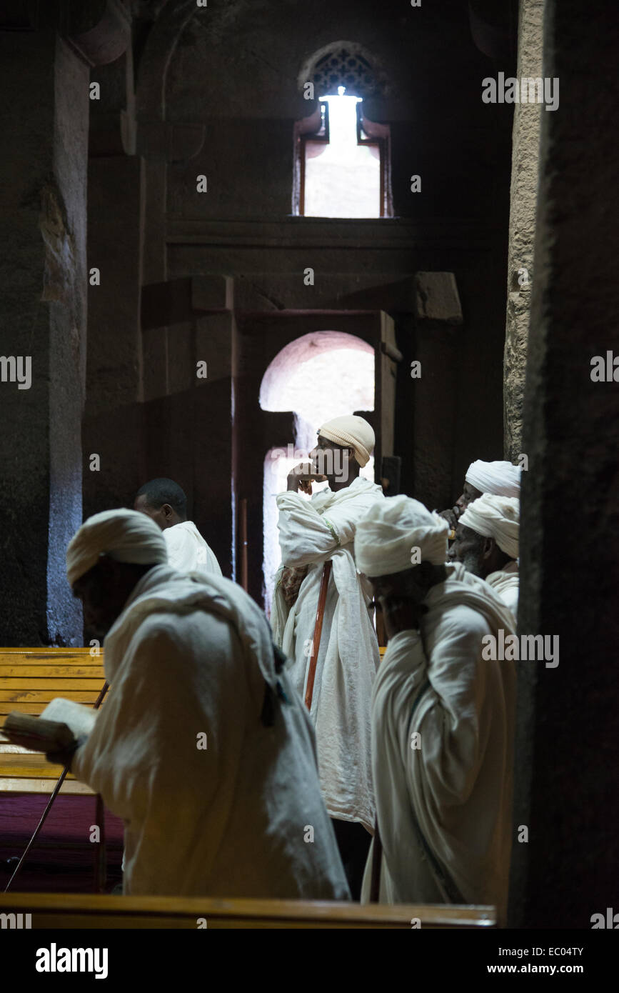 Bet Medhane Alem chiesa. Lalibela scavato nella roccia chiese. Nord dell'Etiopia. Foto Stock