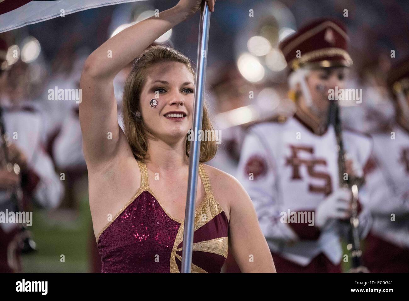 Charlotte, NC, Stati Uniti d'America. 06 dic 2014. La FSU marching band prima del campionato ACC partita di calcio tra la Georgia Tech giacche gialle e la Florida State University Seminoles presso la Bank of America Stadium su dicembre 06, 2014 in Charlotte, North Carolina.FSU sconfigge Georgia Tech 37-35.Giacobbe Kupferman/CSM/Alamy Live News Foto Stock