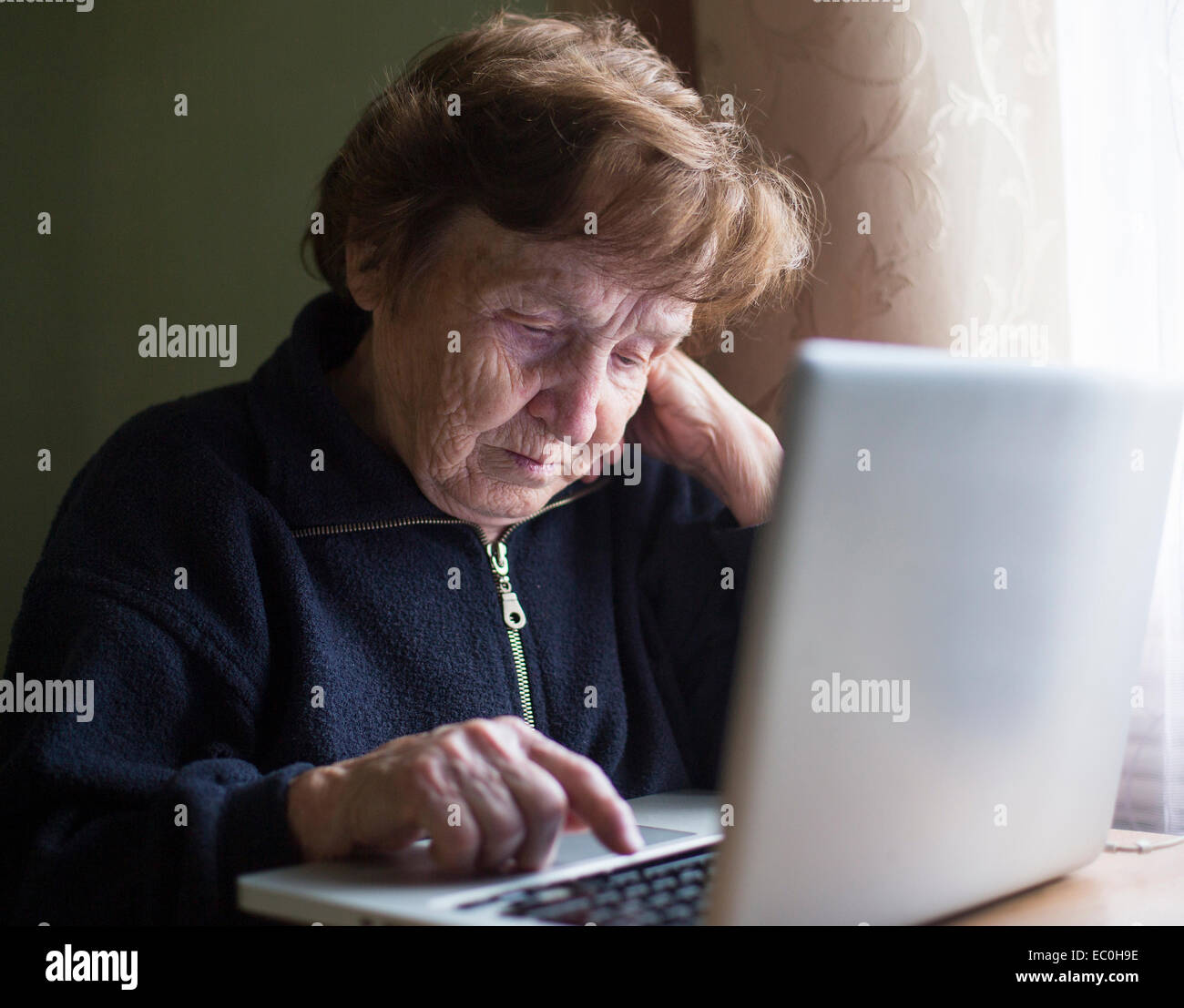 Vecchia donna con un portatile a casa. Foto Stock