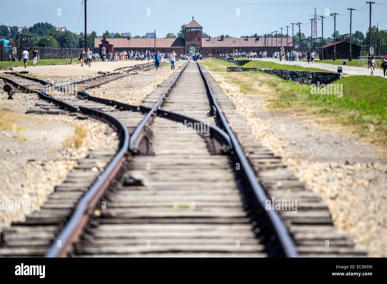 Binari del treno in Auschwitz Birkenau Campo di Concentramento, Polonia Foto Stock