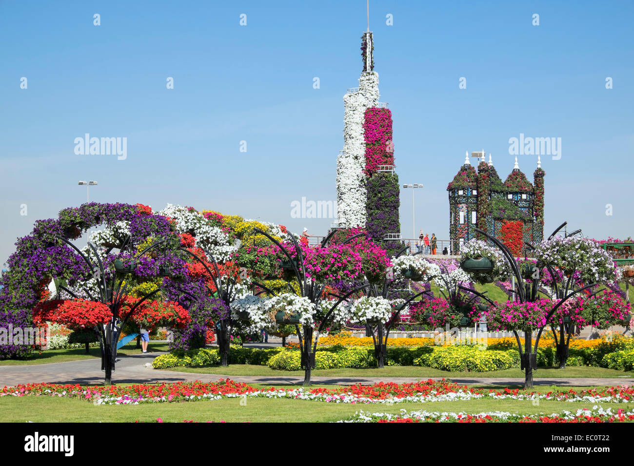 Vista delle decorazioni floreali e paesaggistiche al Miracle Giardino di tutto il mondo più grande giardino di fiori in Dubai Emirati Arabi Uniti Foto Stock
