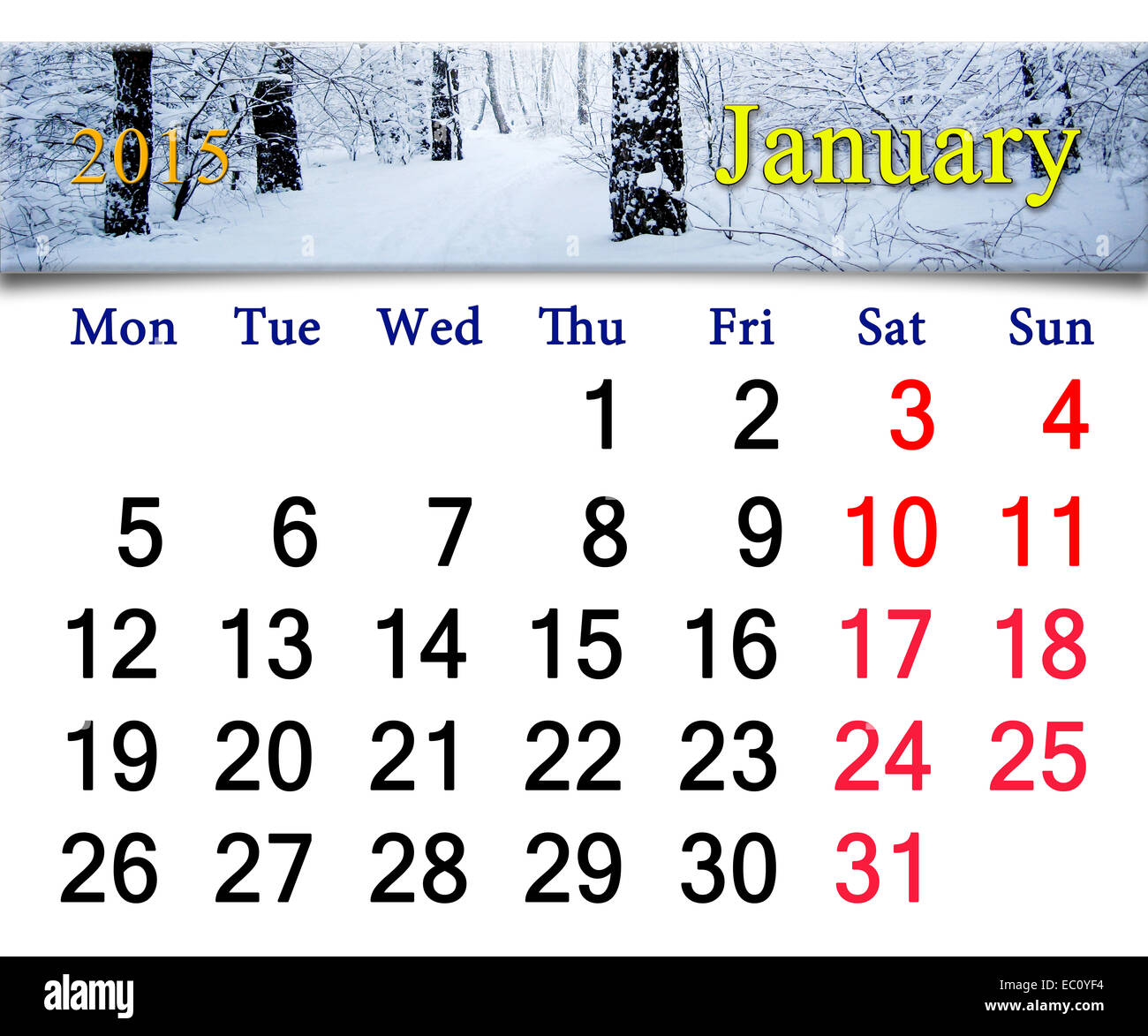Bellissimo il calendario per il mese di gennaio del 2015 con boschi innevati Foto Stock