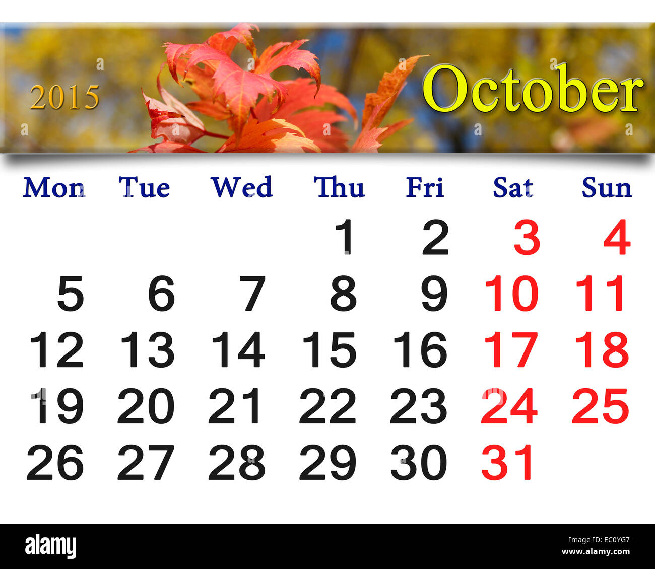 Calendario per il mese di ottobre del 2015 con il nastro di foglie rosse Foto Stock