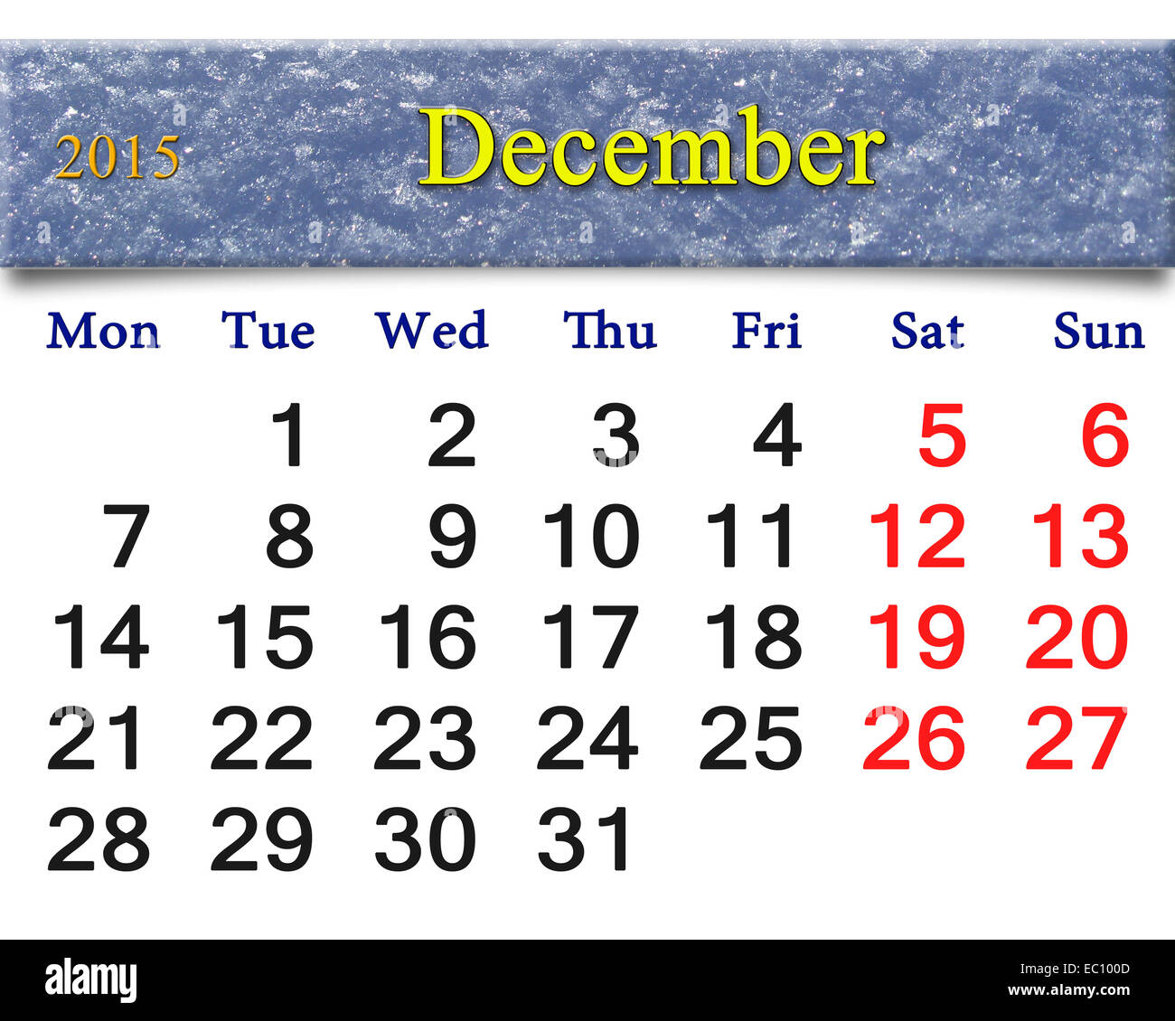 Bellissimo il calendario per il dicembre del 2015 con il nastro di strato nevoso Foto Stock