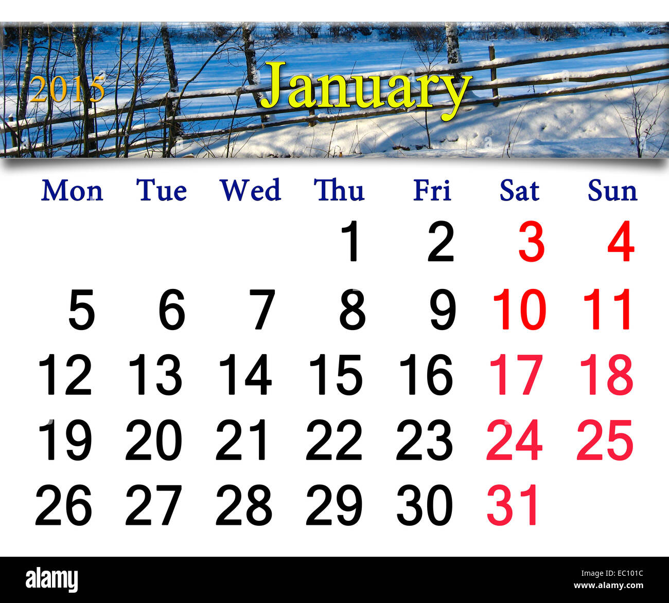 Bellissimo il calendario per il mese di gennaio del 2015 con il nastro del villaggio innevato Foto Stock