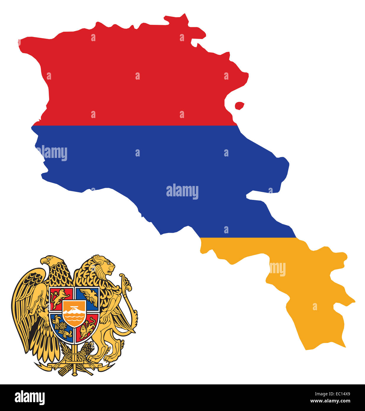Bandiera e stemma della Repubblica di Armenia sovrapposto sulla mappa di contorno Foto Stock