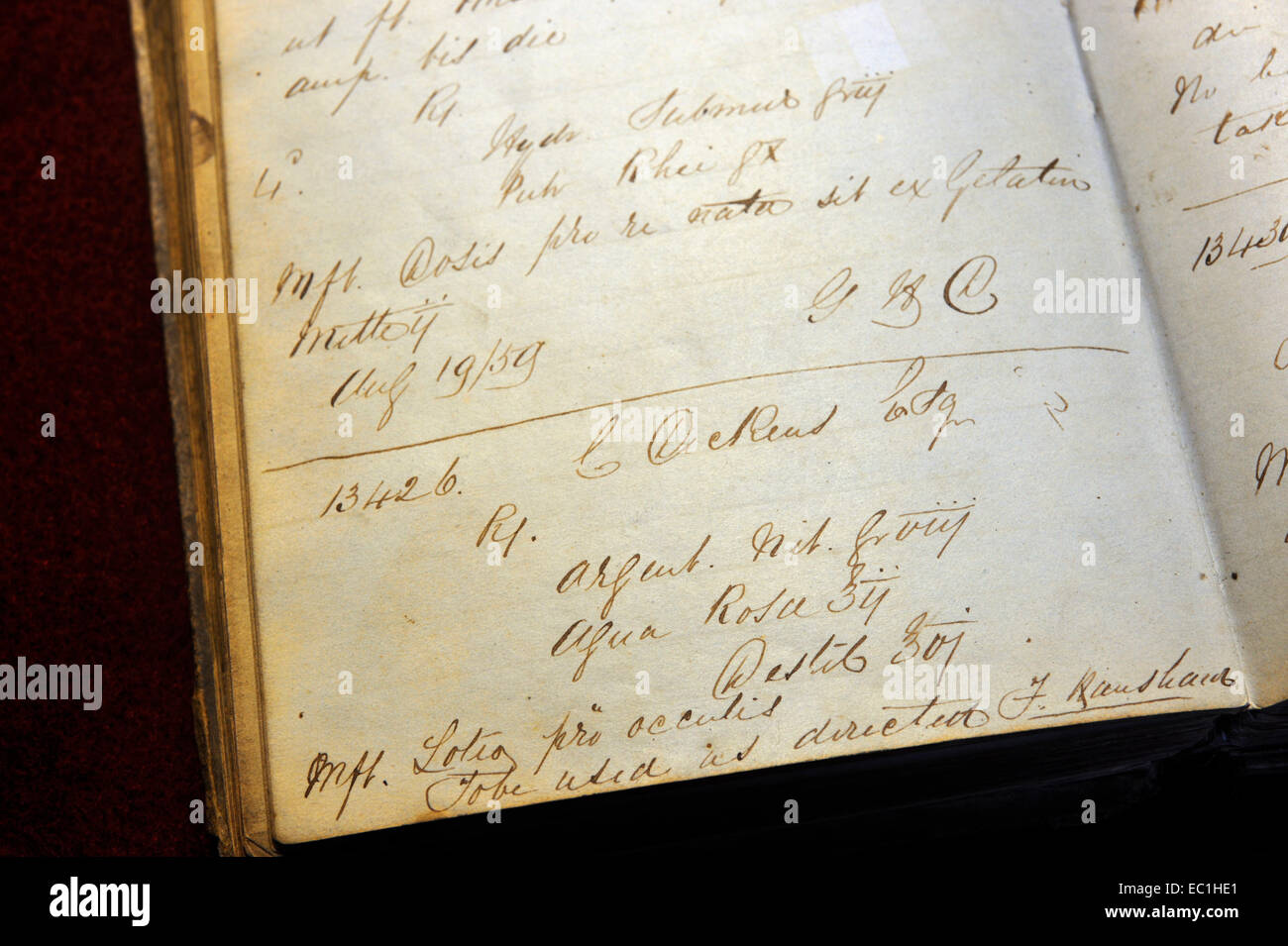 Dickens - farmacista la prescrizione, 2 agosto 1859, dal Rochester High Street, Kent. in Rochester Guildhall Museum. Inglese Foto Stock
