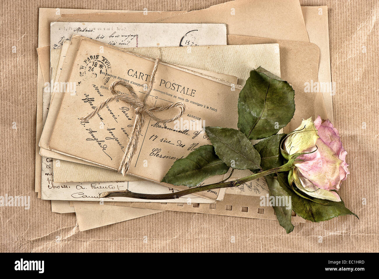 Rosa appassita fiore e vecchie lettere. vintage cartoline e buste. scrapbook Foto Stock