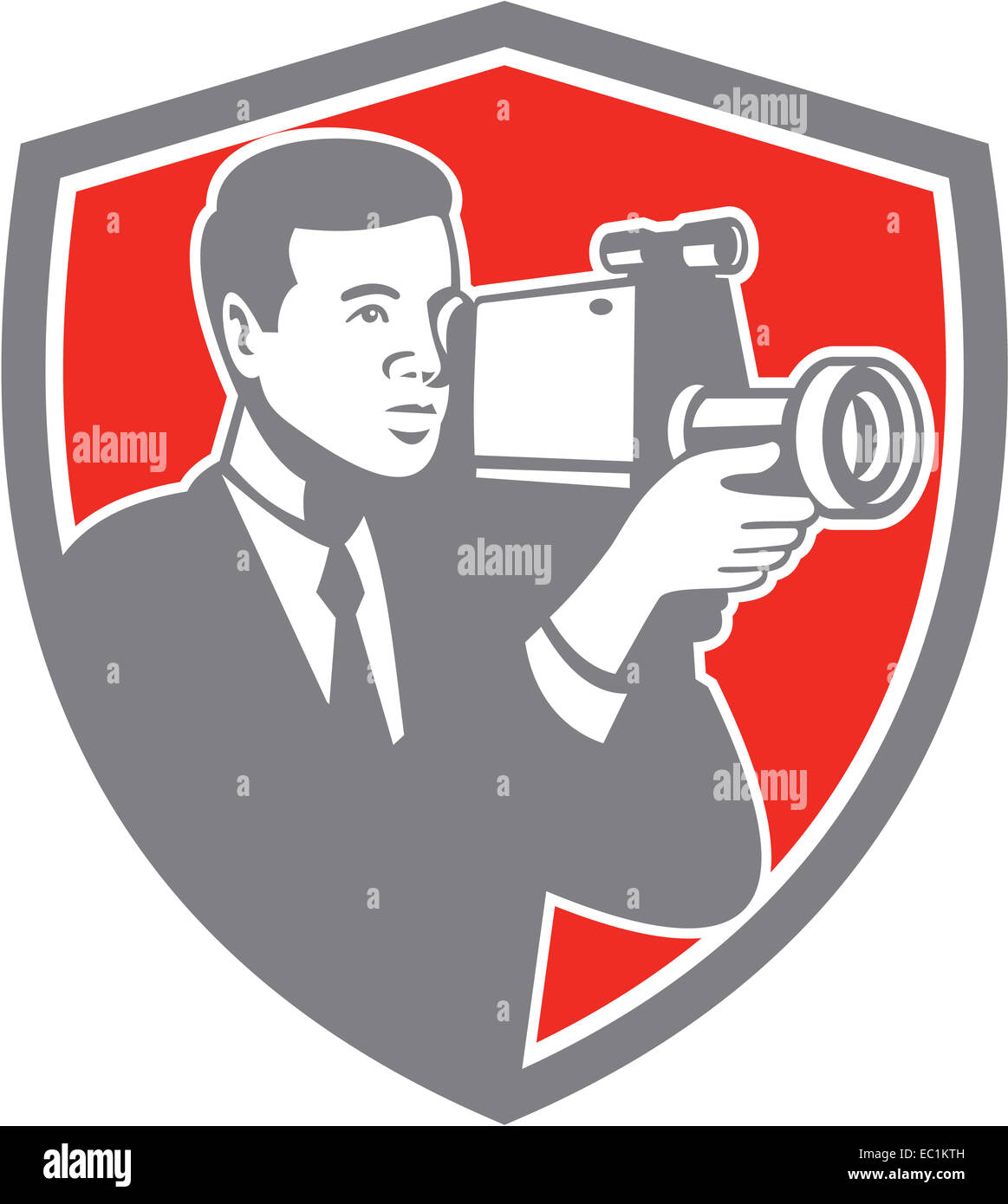 Illustrazione di un cameraman video portante video vintage di ripresa della telecamera impostato all'interno della protezione cresta su sfondo isolato fatto in Foto Stock