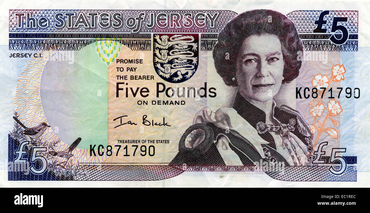 Membri di Jersey cinque pound nota Queen Elizabeth 2 £5 valuta il denaro  Foto stock - Alamy