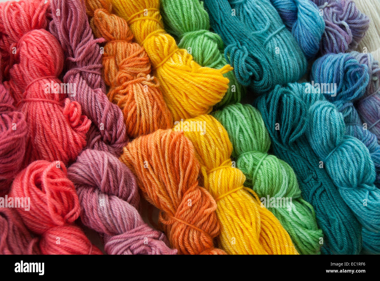 Assortimento di coloratissimi mano-tinto filati di lana. Foto Stock